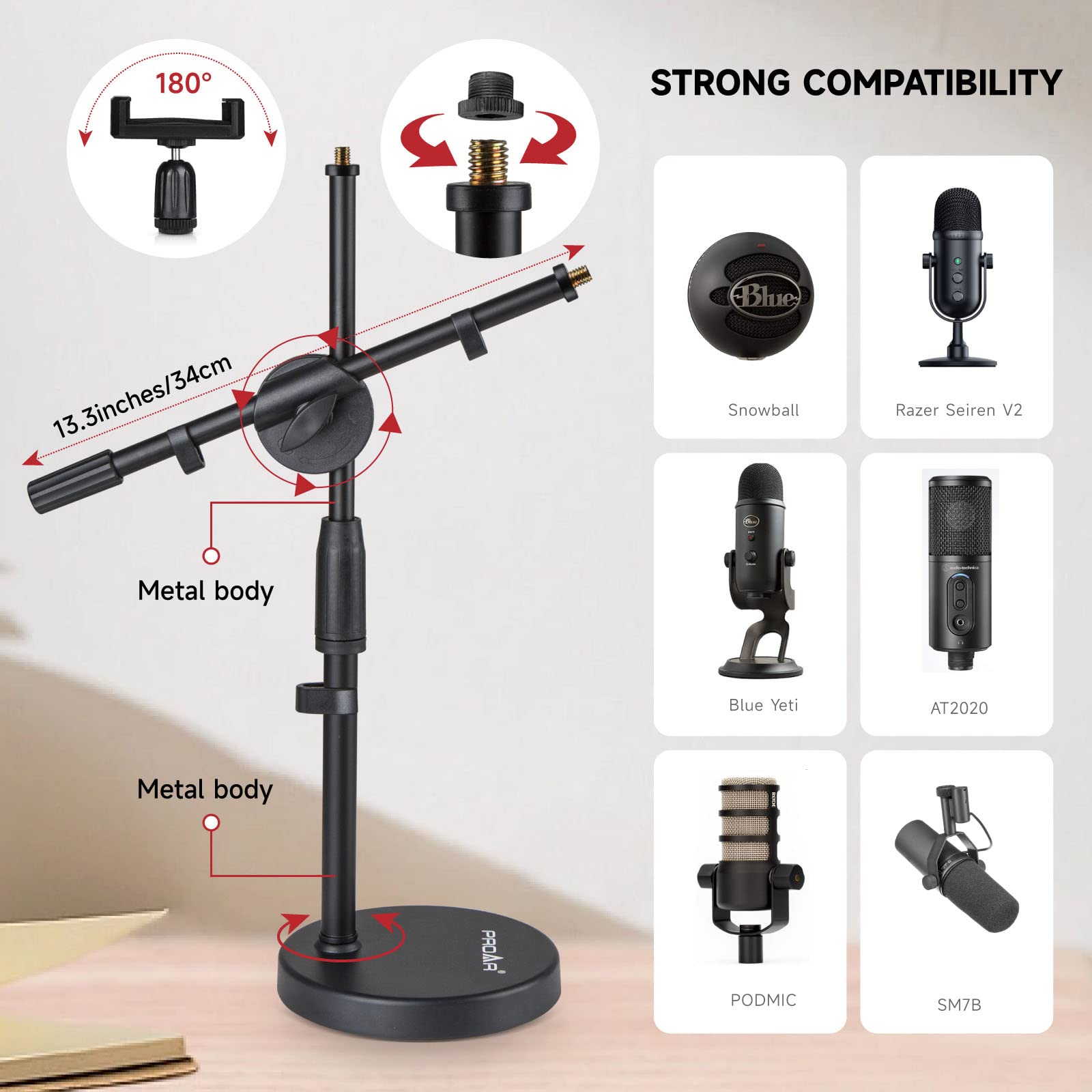 Microphone Stand Desk Adjustable Desktop Microphone Stand with Boom Arm Upgraded 3 in 1 Table Phone/Mic Stand with Microphone Clip,Cell Phone Clip,3/8" to 5/8" Adapter for Blue Yeti,Shure,Other Mic