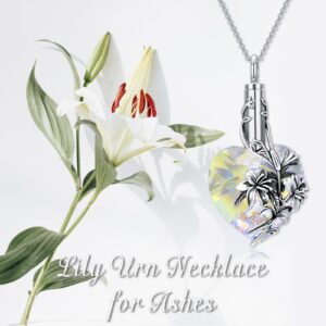 TOUPOP Lily Urn Necklace Heart Cremation Jewelry for Ashes 925 Sterling Silver Flower Pendant Necklaces with Crystal w/Funnel Filler Memorial Keepsakes Jewelry Gifts for Women Girls