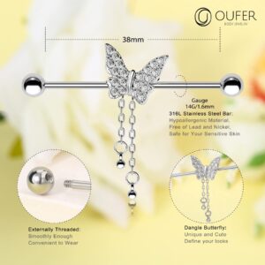 OUFER Butterfly Industrial Piercing Jewelry,14G Surgical Steel Industrial Barbells, Chain Industrial Earrings, Industrial Bar For Women