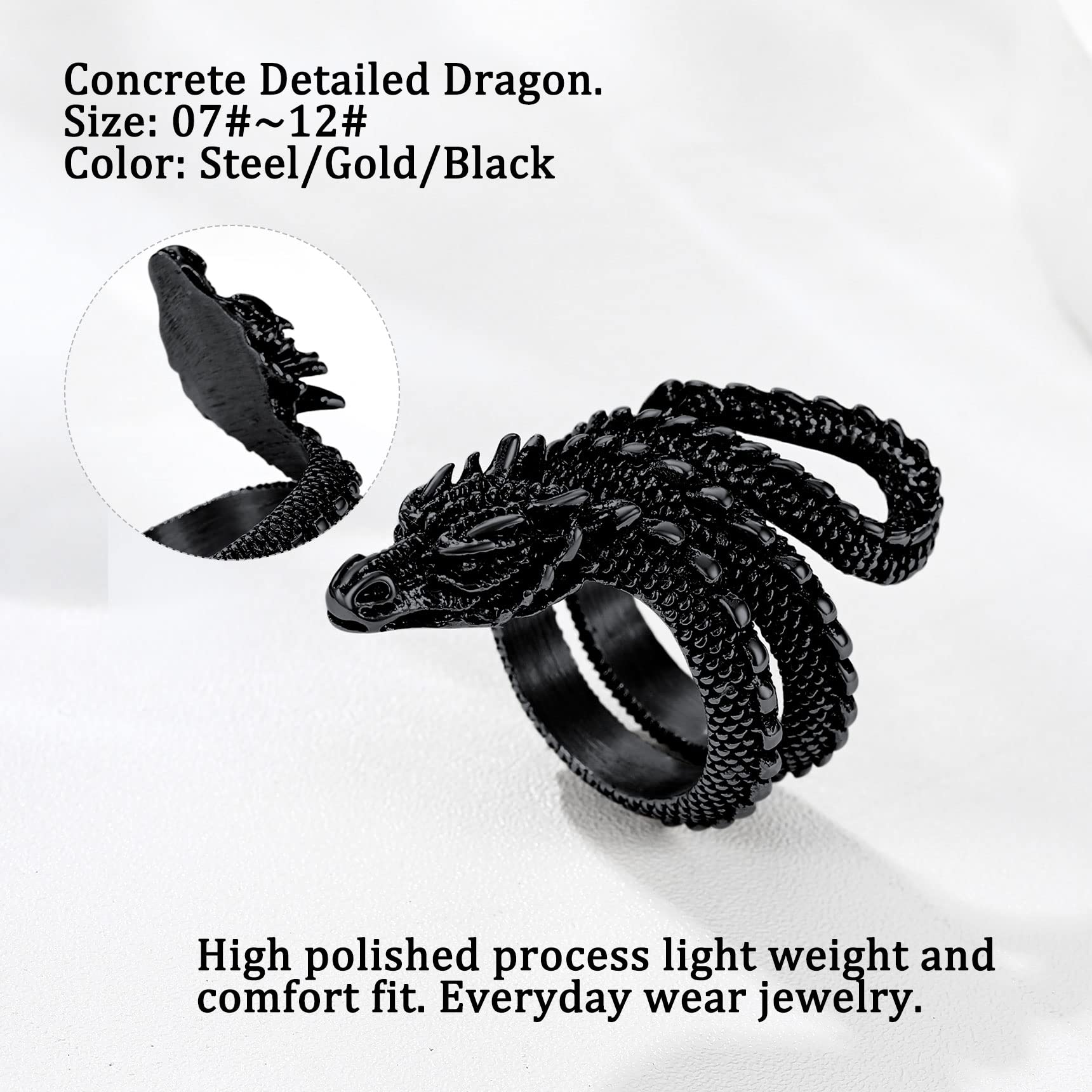 Bestyle Black Dragon Ring for Women Men Cool Rings Dragon Jewelry Gothic Punk Finger Rings Fashion Halloween Costumes for Women, Size 12