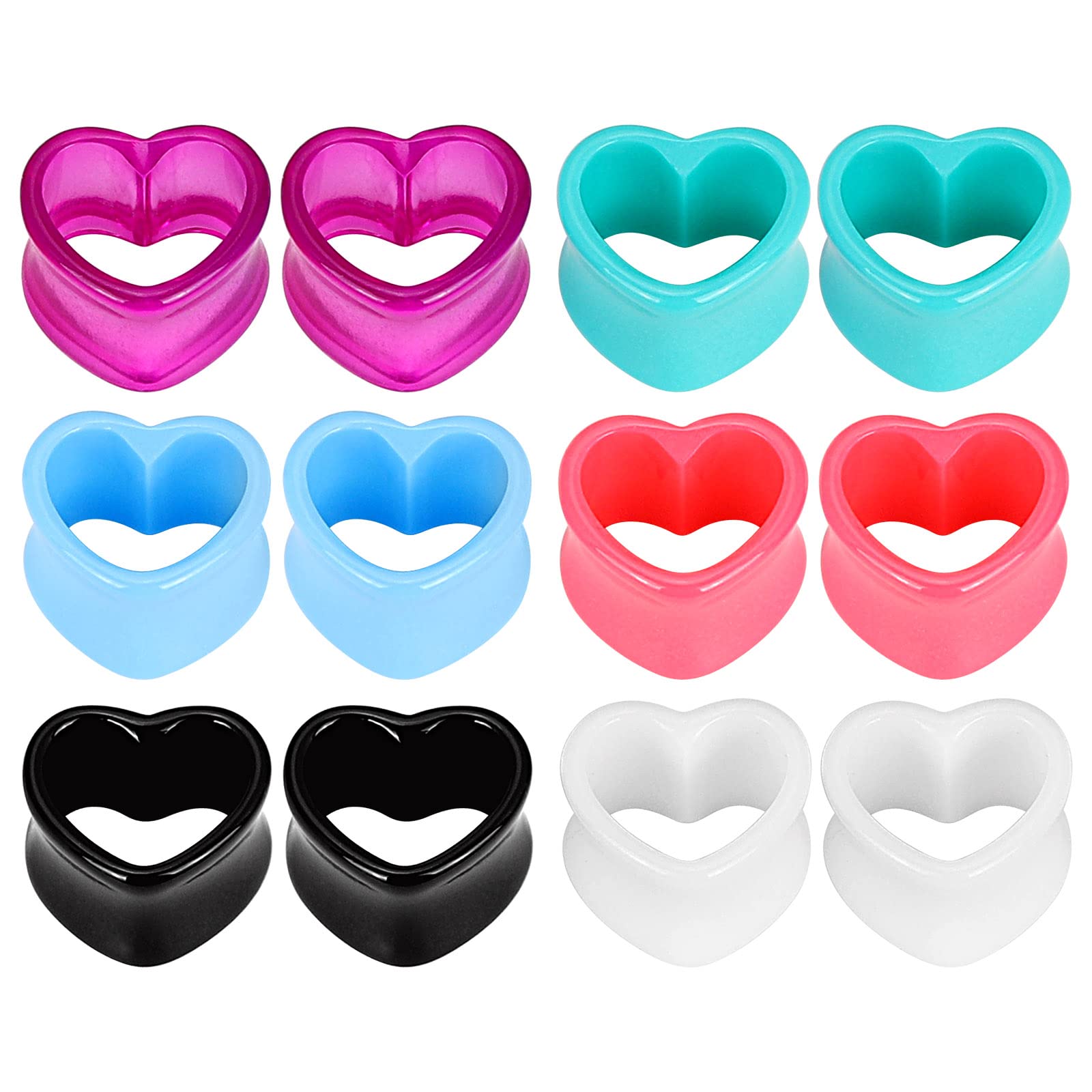 Qmcandy 6 Pairs Acrylic Heart Shape Ear Tunnels Plugs Colorful Gauges for Ears 00g