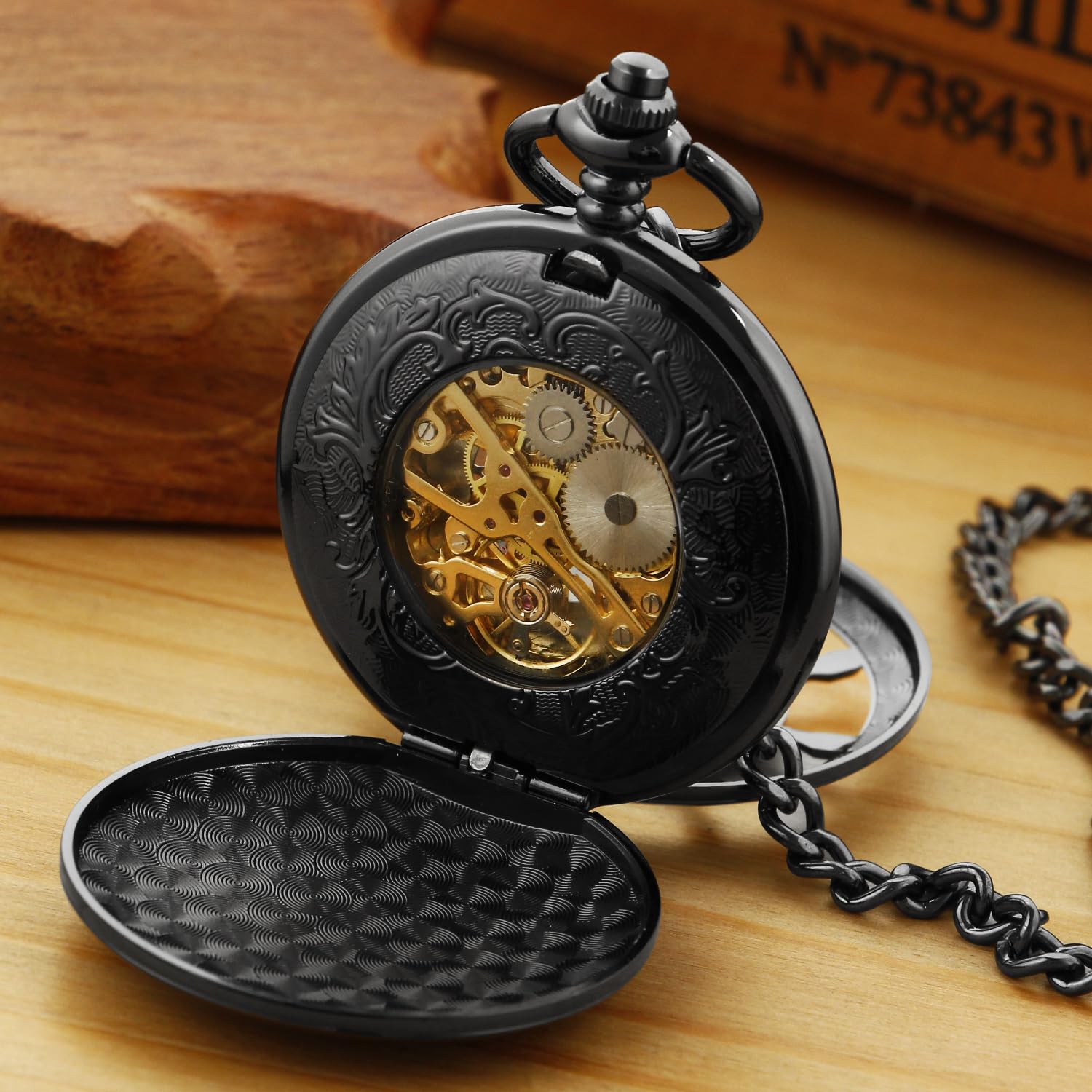 Whodoit Men's Mechanical Pocket Watch Black Rudder Pattern Double Open Hollow Roman Numerals Pocket Watch