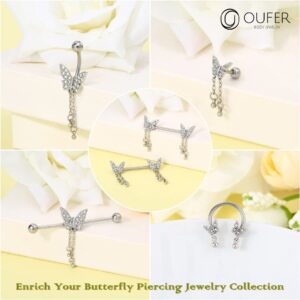 OUFER Butterfly Industrial Piercing Jewelry,14G Surgical Steel Industrial Barbells, Chain Industrial Earrings, Industrial Bar For Women