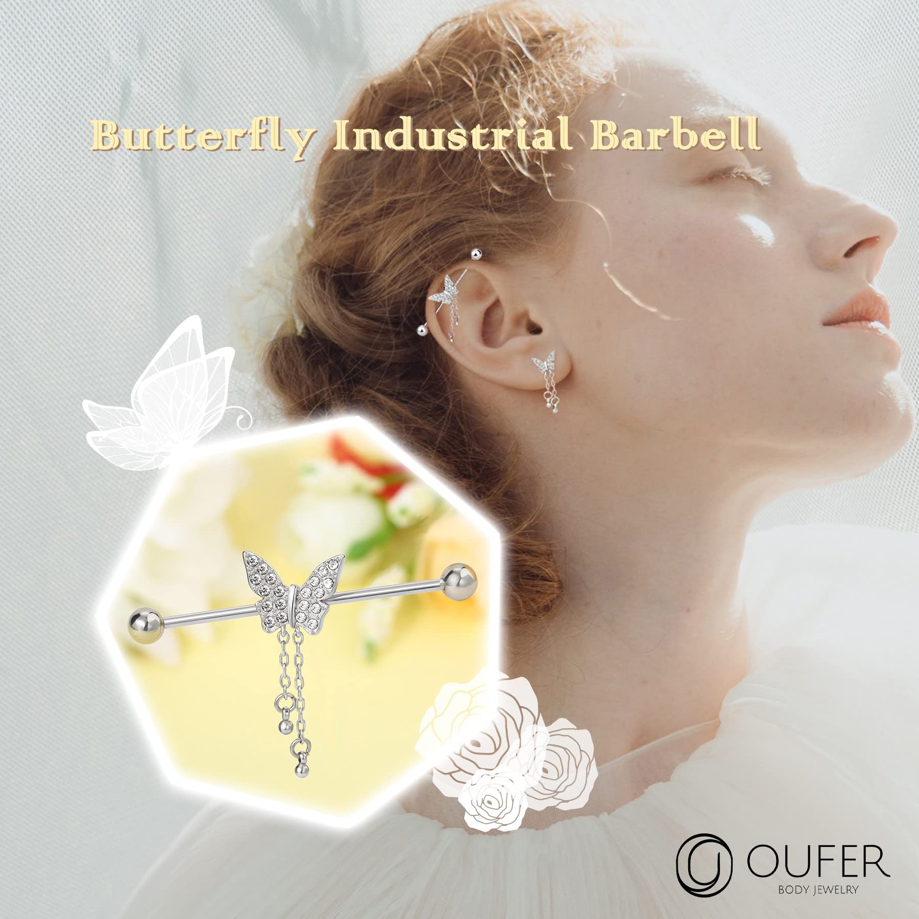 OUFER Butterfly Industrial Piercing Jewelry,14G Surgical Steel Industrial Barbells, Chain Industrial Earrings, Industrial Bar For Women