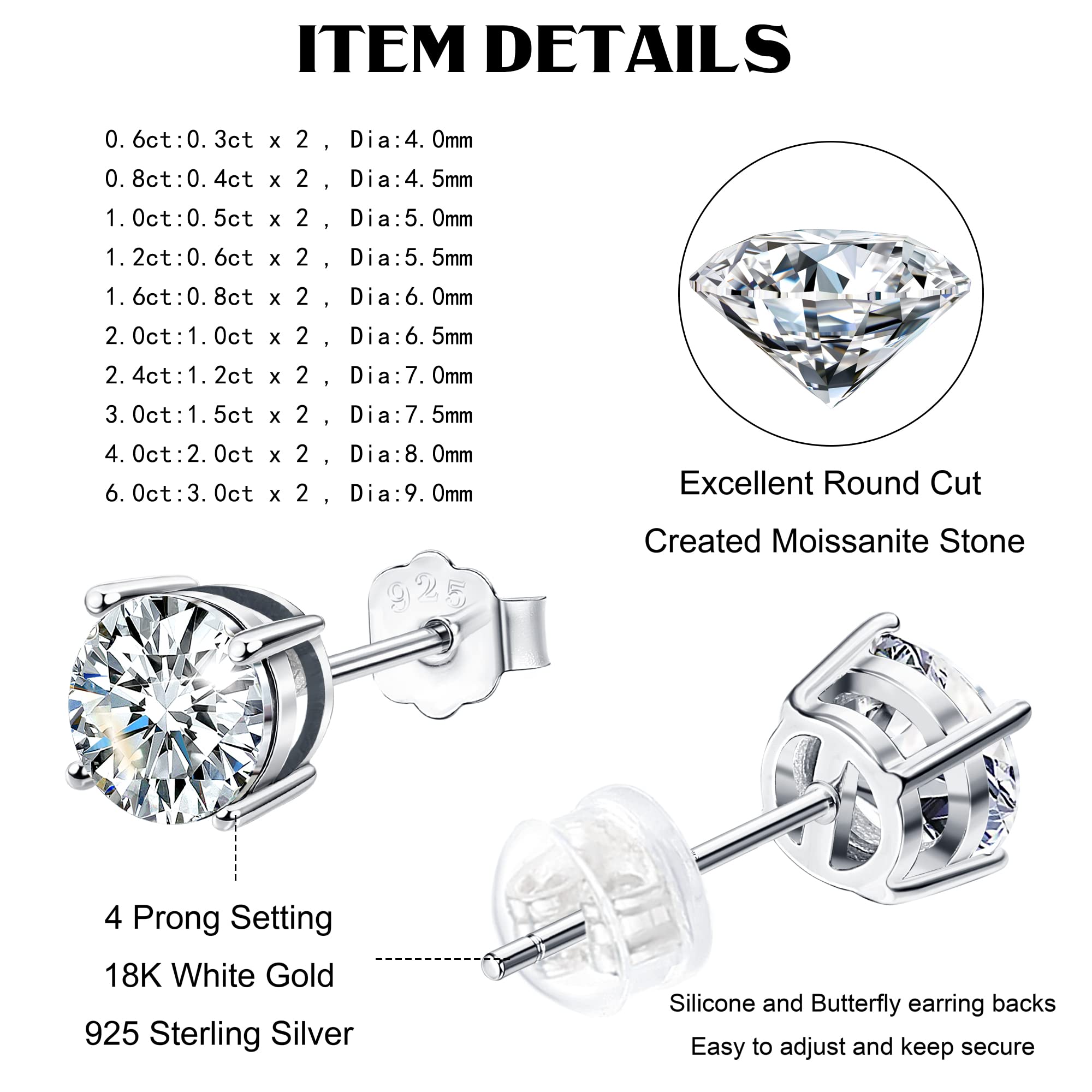 Jewenova Moissanite Stud Earrings, 0.6ct-3ct D Color VVS1 Clarity, Brilliant Round Cut Lab Created Diamond Earrings, 18K White Gold Plated S925 Sterling Silver Moissanite Earrings