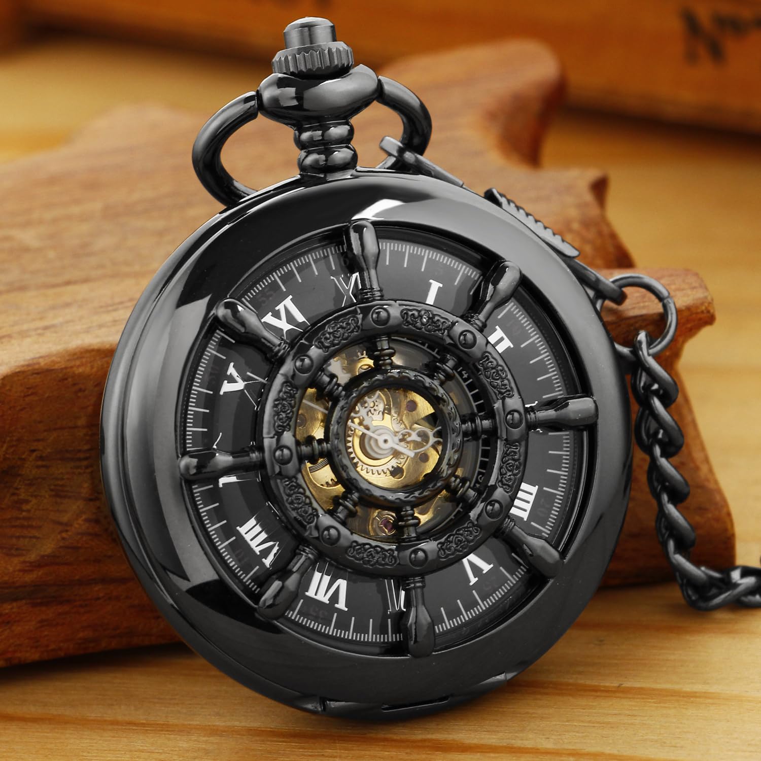 Whodoit Men's Mechanical Pocket Watch Black Rudder Pattern Double Open Hollow Roman Numerals Pocket Watch