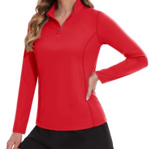 TACVASEN Women's Athletic Shirts Red Quarter Zip Pullover Womens UV Protection Shirts Rash Guard for Women Quick Dry, L