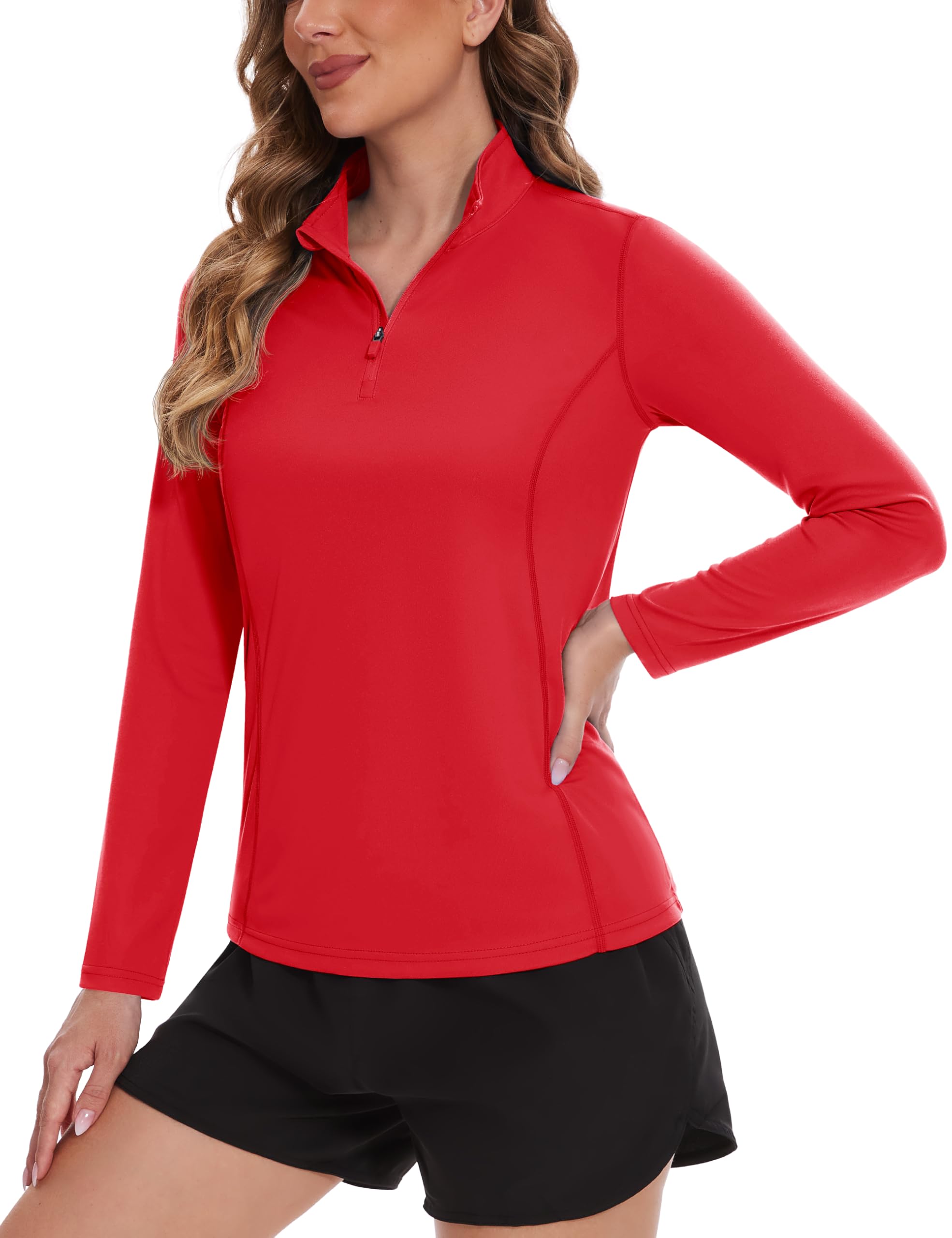 TACVASEN Women's Athletic Shirts Red Quarter Zip Pullover Womens UV Protection Shirts Rash Guard for Women Quick Dry, L