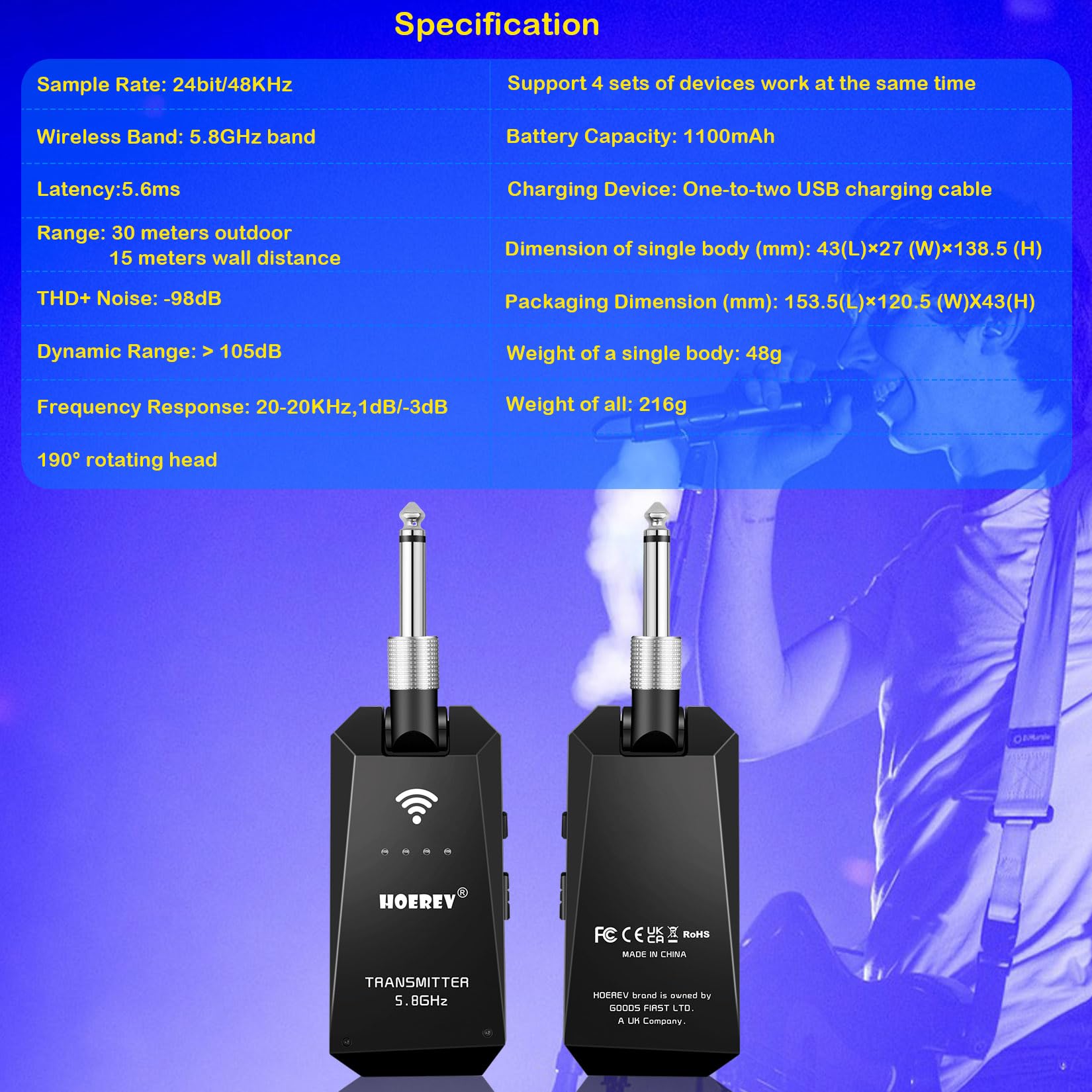 HOEREV 5.8GHz Electric Guitar Accessories Wireless Guitar Bass Stand Transmitter Receiver System 4 Channels for Electric Bass Cordless Amplifier Guitar Cable Jack with Rechargeable Lithium Battery