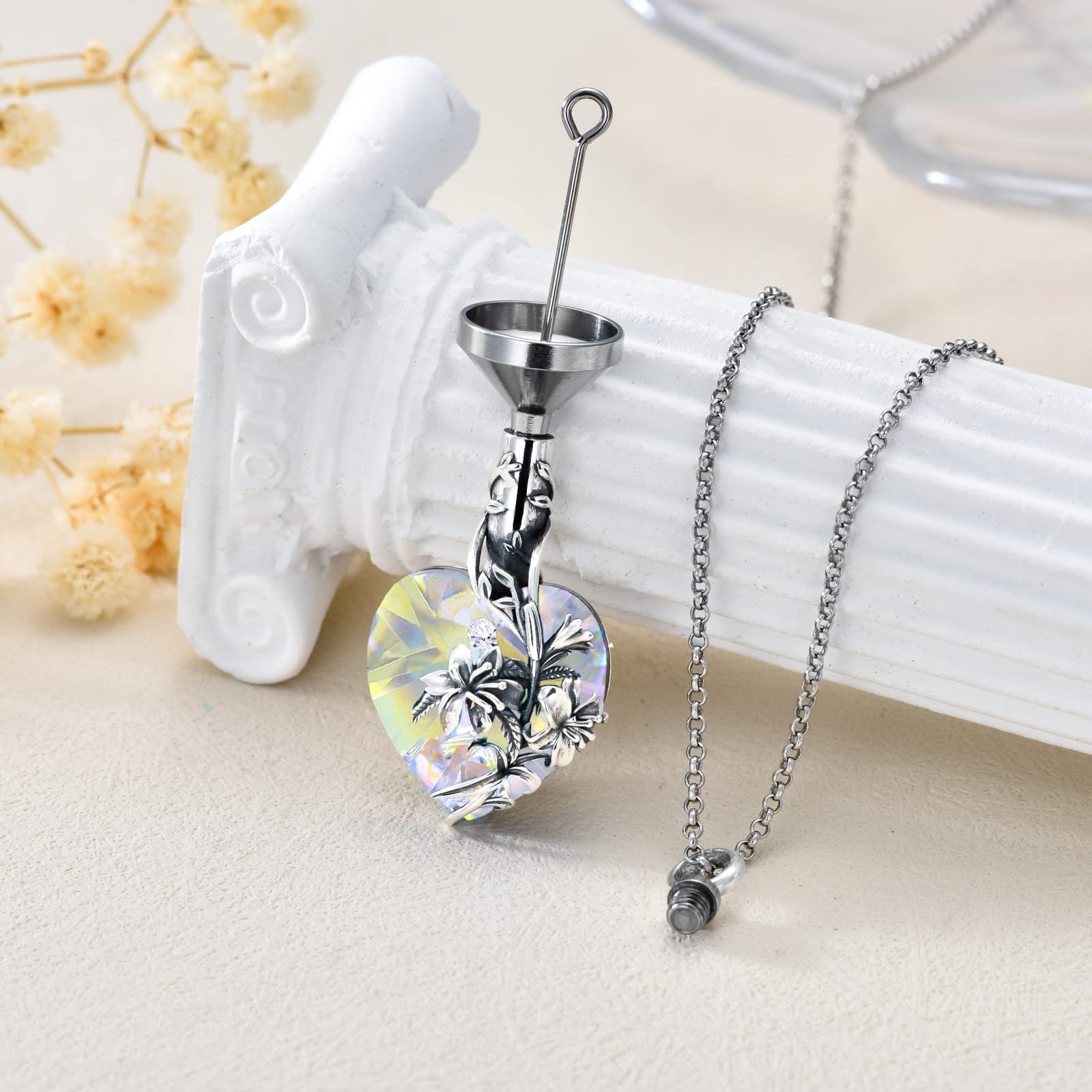 TOUPOP Lily Urn Necklace Heart Cremation Jewelry for Ashes 925 Sterling Silver Flower Pendant Necklaces with Crystal w/Funnel Filler Memorial Keepsakes Jewelry Gifts for Women Girls