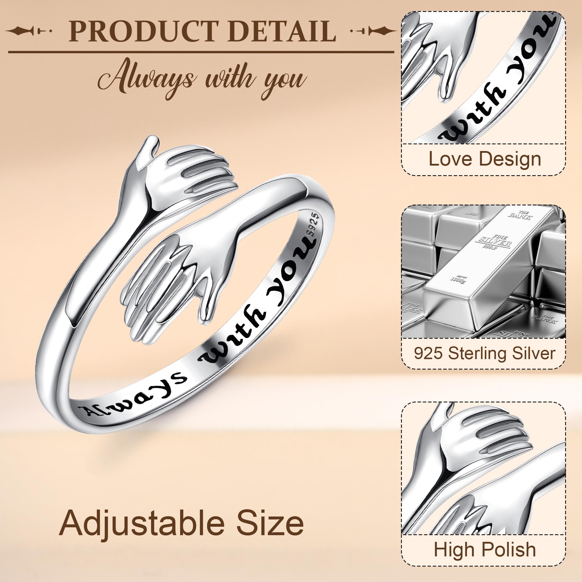 YADOCA 925 Sterling Silver Hug Ring for Women Adjustable Hugging Hands Open Love Promise Friendship Ring Always With You