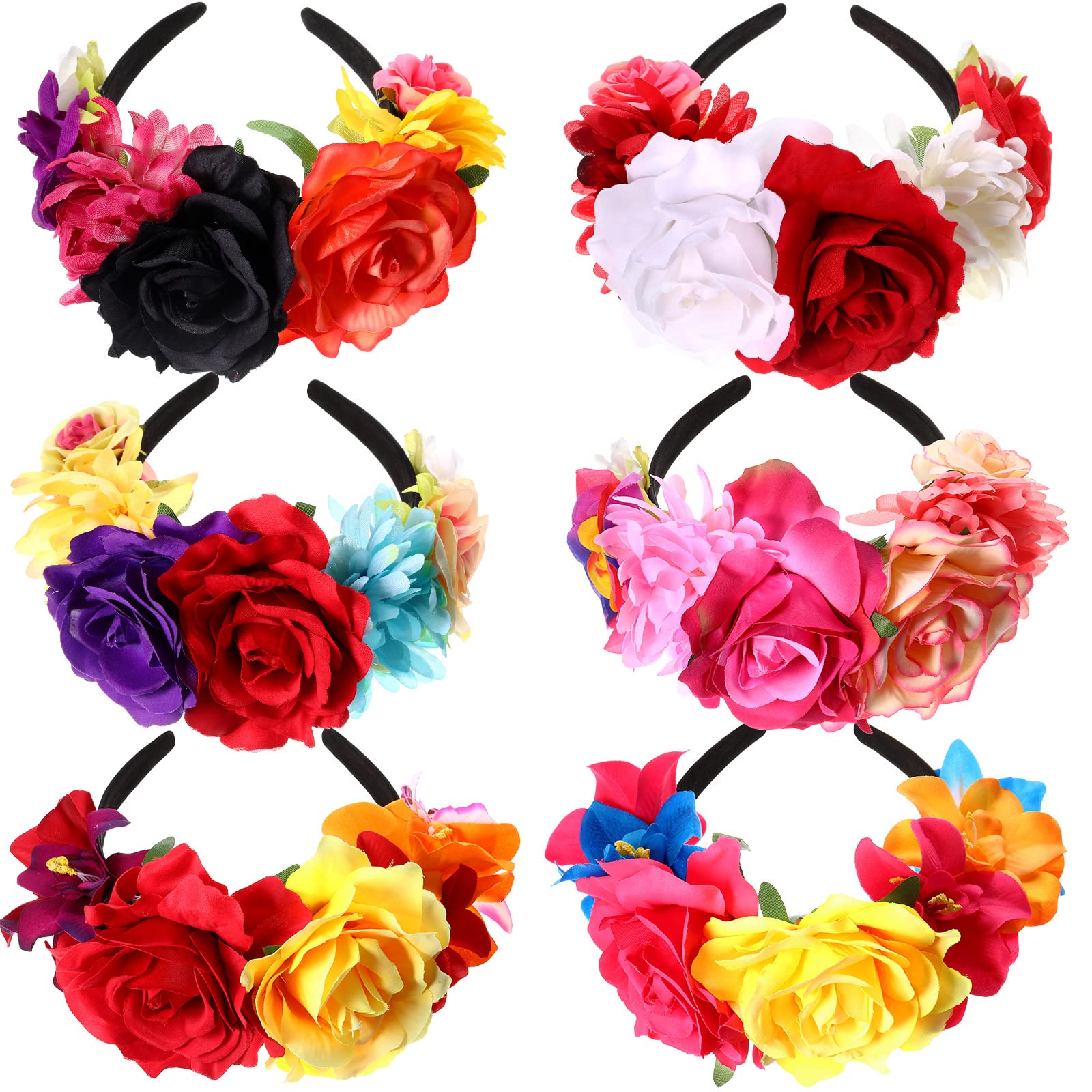 Yunsailing 6 Pcs Mexican Rose Flower Crown Headband Mardi Gras Headpiece Cosplay Headgear for party(Stylish)