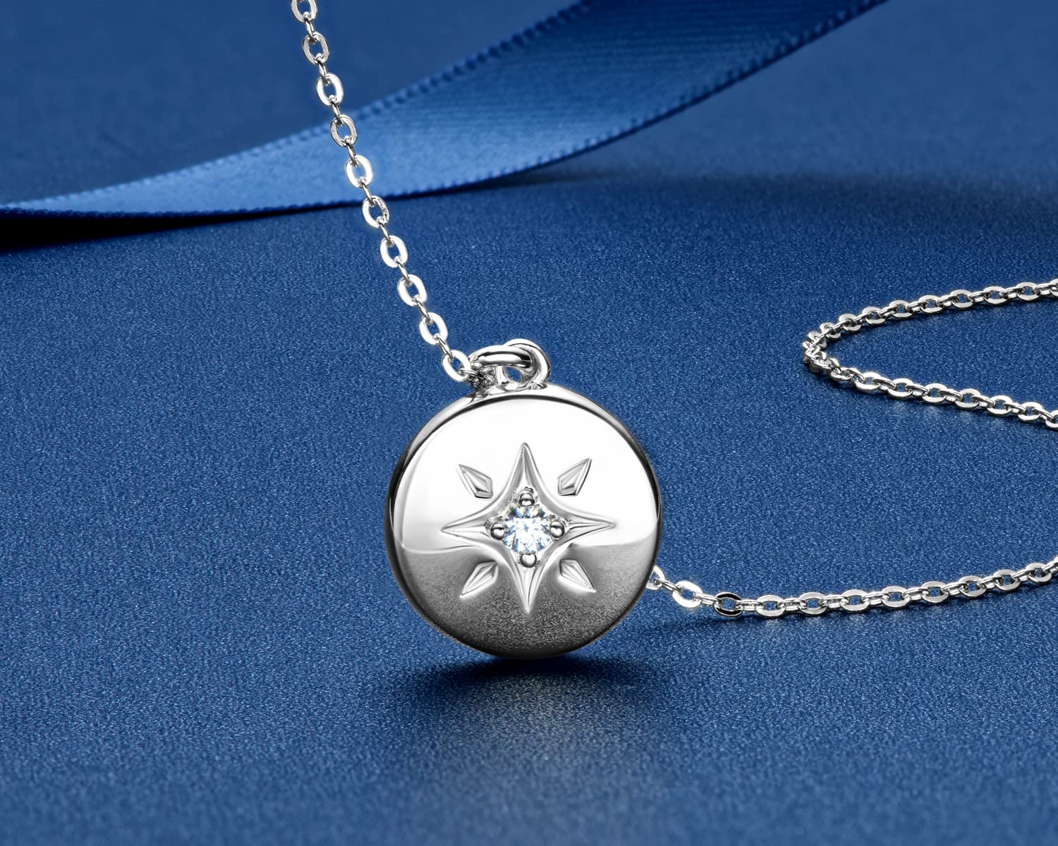 DYUNQ North Star Necklace Sterling Silver, Moissanite Lab Created Diamond Starburst Compass Disc Medallion Hypoallergenic Pendant for Women, 18 to 20 Inch, Graduation Jewelry Gifts