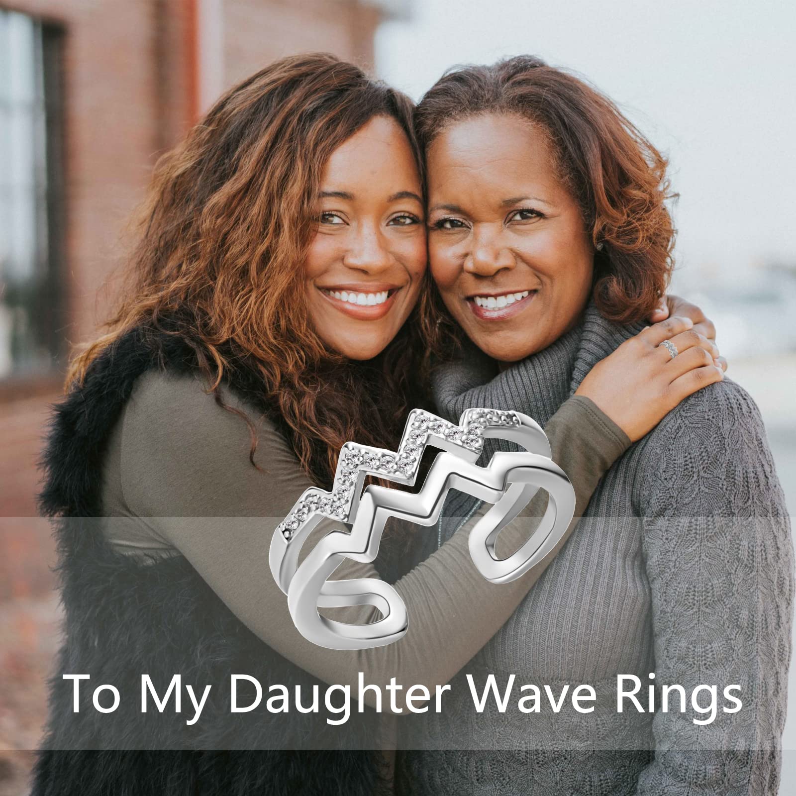 RINHOO To My Daughter Highs and Lows Inspirational Ring, 14k Gold Plated Adjustable Opening Wave Pattern Ring with Micro-inlaid Zircon For Daughter In Low Step Daughter (Silver)