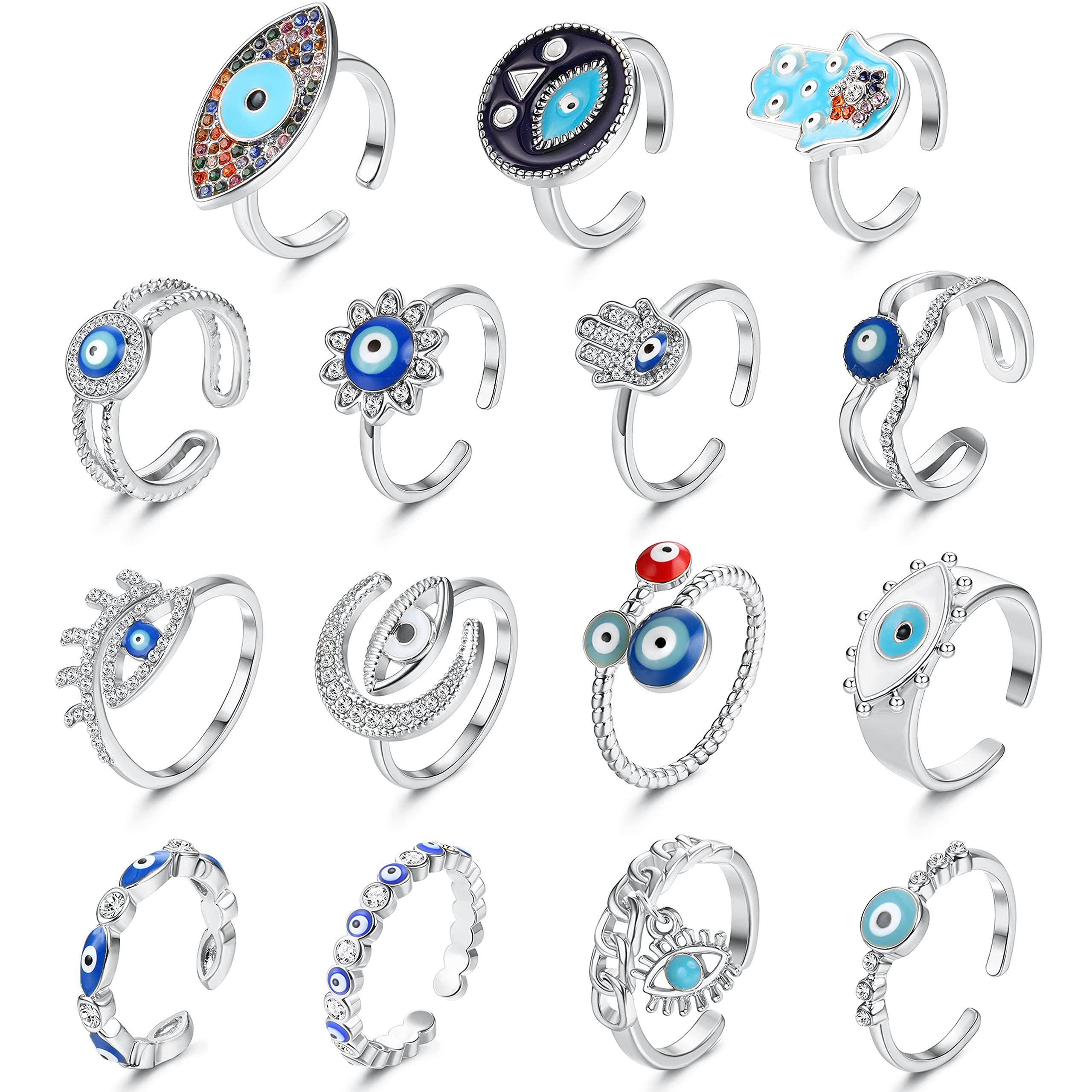 YADOCA 15Pcs Evil Eye Ring for Women 14K Gold Plated Third Eye Ring Turkish Blue Eye Ring Cubic Zirconia Adjustable Open Ring Hamsa Hand Ring for Protection