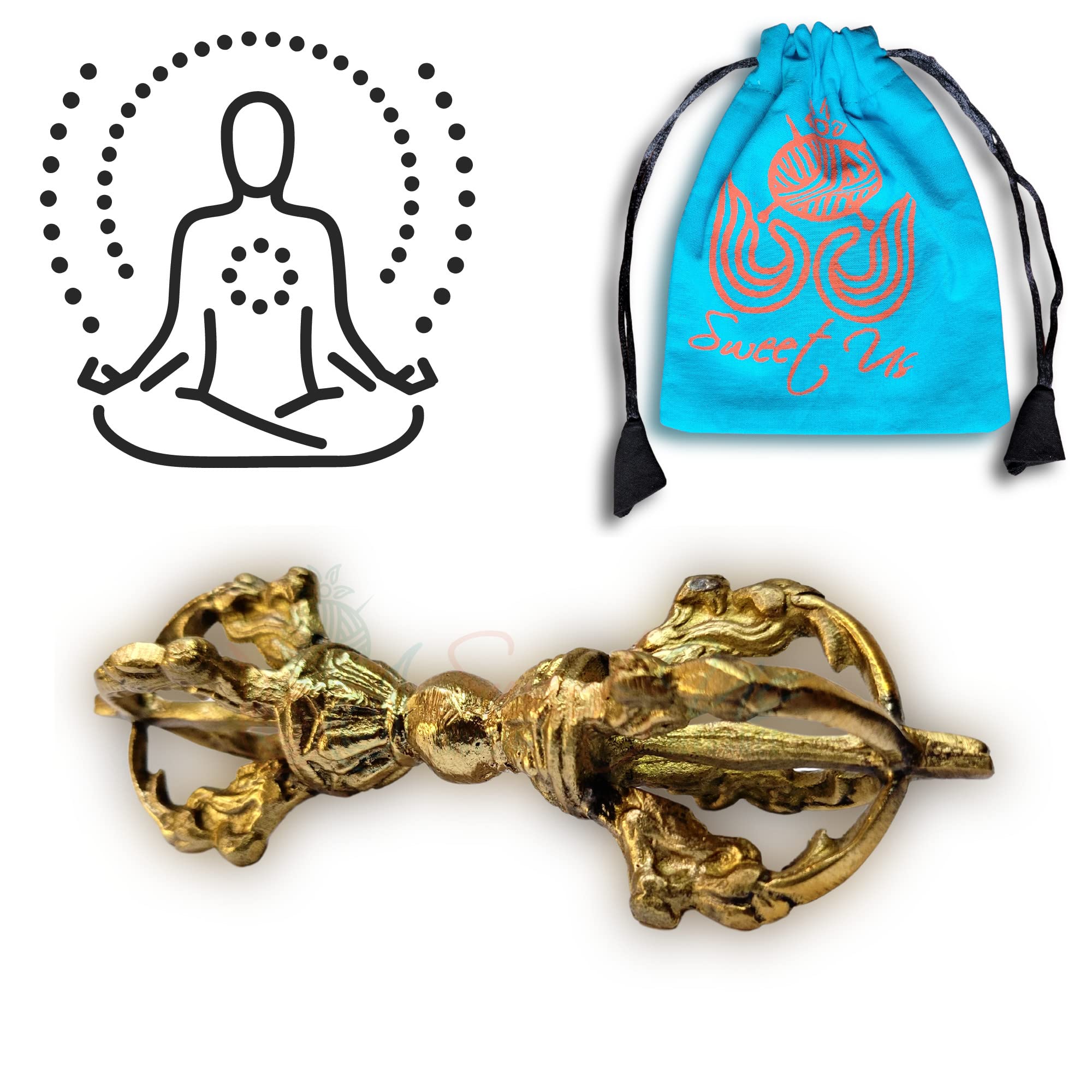 Sweet Us Tibetan Buddhist Dorje for Hand Bell and Pouch Bundle, Antique Brass Vajra, Service Call, School Bell, 4.25-in Long