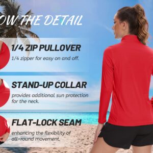 TACVASEN Women's Athletic Shirts Red Quarter Zip Pullover Womens UV Protection Shirts Rash Guard for Women Quick Dry, L