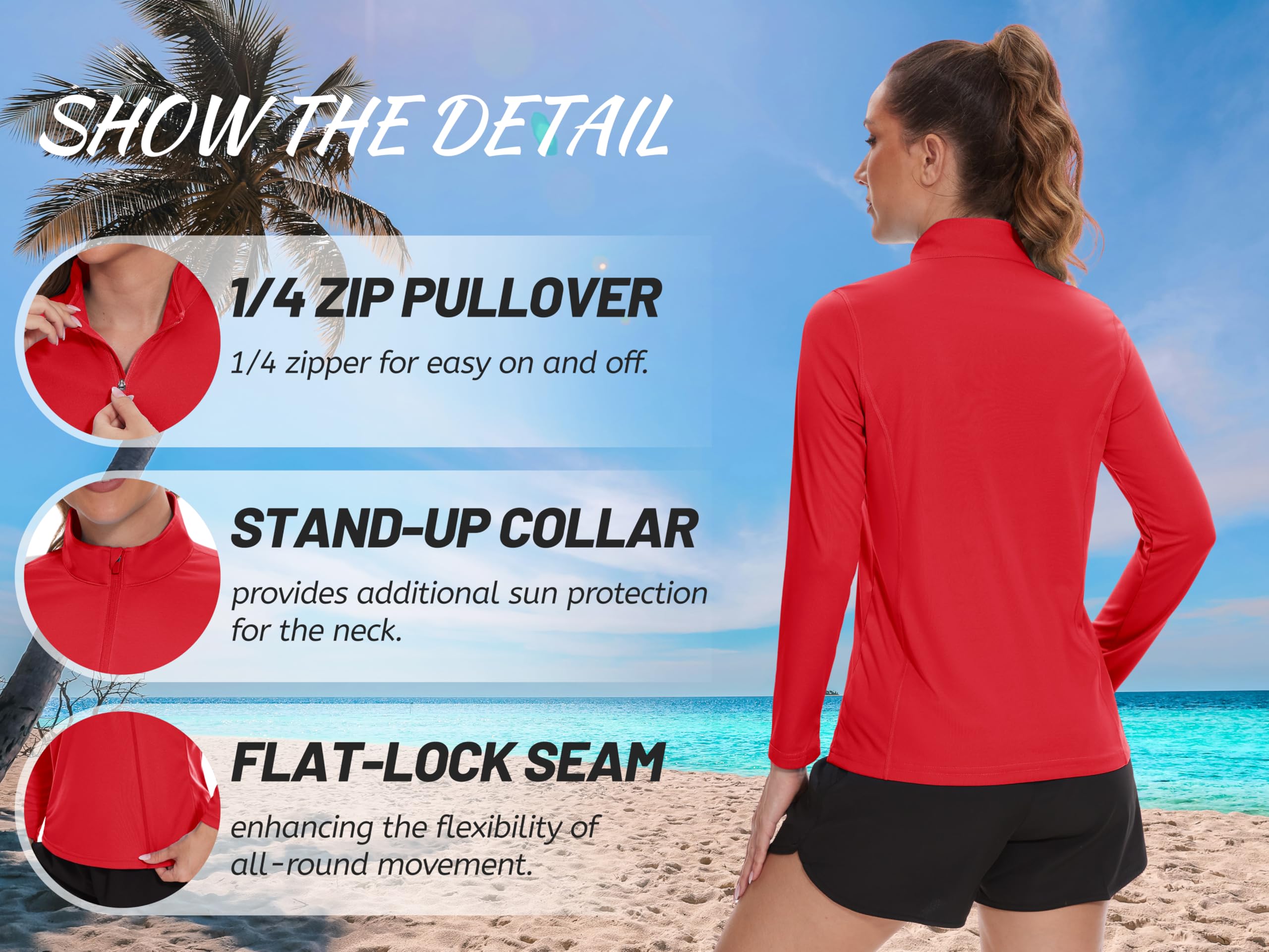 TACVASEN Women's Athletic Shirts Red Quarter Zip Pullover Womens UV Protection Shirts Rash Guard for Women Quick Dry, L