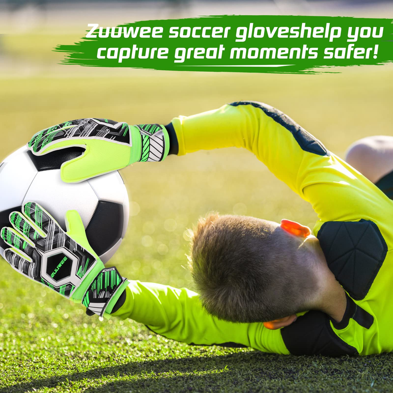 Zuuwee Soccer Goalie Gloves for Kids Size 5 Gal Youth Goalkeeper Finger Save Football Field Player Keeper Boys Girls Professional Protection Goaly Predator Glove 8-12 (Black and Green)