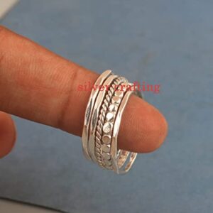 Set Of Five Mixed Stacking Sterling Silver Ring Modern Handmade Stacking Set Beaded Twisted Hammered Ring Jewellery Gift (10.5)