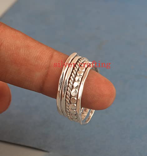 Set Of Five Mixed Stacking Sterling Silver Ring Modern Handmade Stacking Set Beaded Twisted Hammered Ring Jewellery Gift (10.5)