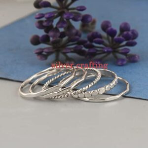 Set Of Five Mixed Stacking Sterling Silver Ring Modern Handmade Stacking Set Beaded Twisted Hammered Ring Jewellery Gift (10.5)