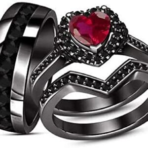 Aryan Jewels 2.30 Ct Heart & Round Cut Red Ruby & Black Diamond Trio Engagement Wedding Women's Ring Set 14k Black Gold Finish (5)