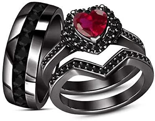 Aryan Jewels 2.30 Ct Heart & Round Cut Red Ruby & Black Diamond Trio Engagement Wedding Women's Ring Set 14k Black Gold Finish (5)