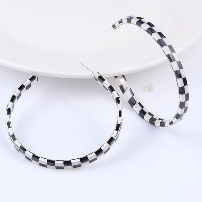 2 Pairs Lightweight 70s 80s 90s Transparent Black White Circle Round Acrylic Geometric Striped Checkered Dangle Drop Earrings for Women Statement Jewelry Gifts-black