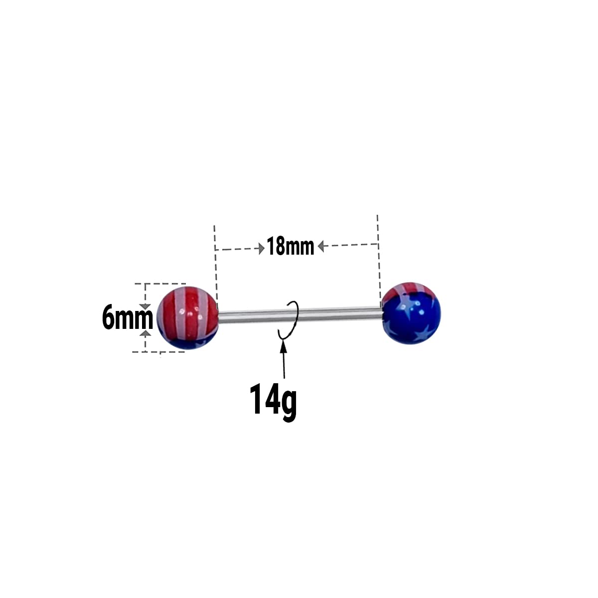 Luxe Modz Tongue Nipple Barbell Surgical Steel Acrylic America Flag Design 14g - Sold individually