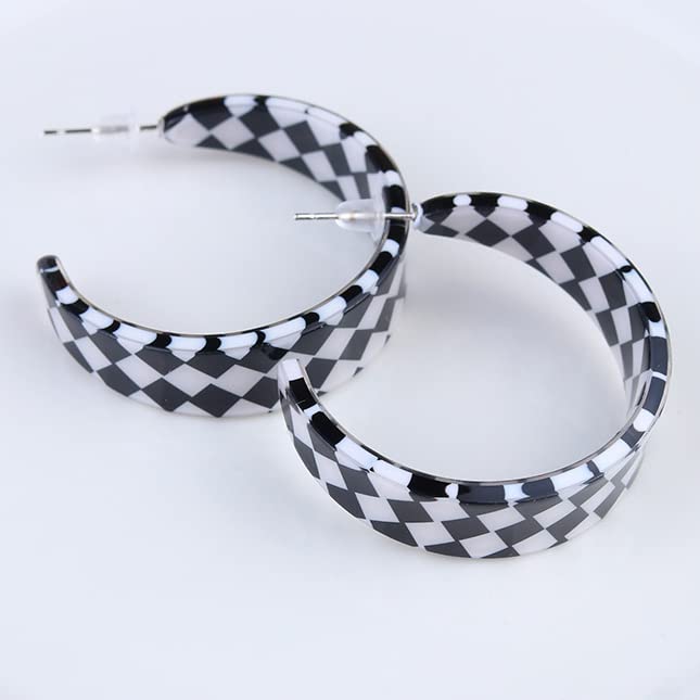 2 Pairs Lightweight 70s 80s 90s Transparent Black White Circle Round Acrylic Geometric Striped Checkered Dangle Drop Earrings for Women Statement Jewelry Gifts-black