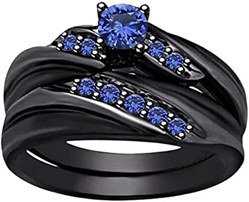 Aryan Jewels 2.10 Ct Round Cut Blue Sapphire Engagement Wedding Women's Bridal Ring Set 14k Black Gold Finish (5.5)