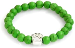 natural stone paw charm bracelet (dark green) lava rock mala beads elastic bracelet yoga meditation healing, dog puppy cat animal paw bracelet…