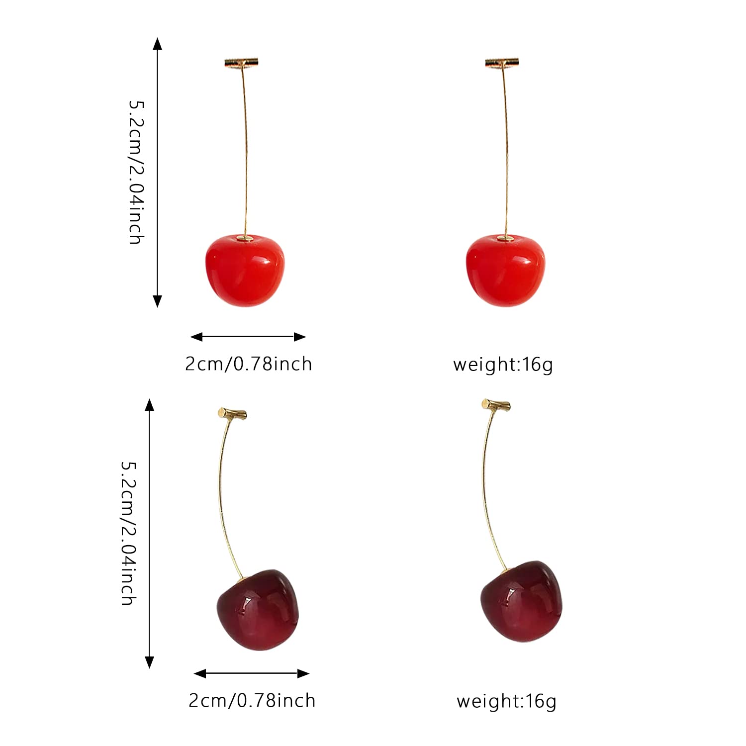 3D Red Cherry Drop Earrings Cute Fruit Gold Dangle Earrings Women (2 Pairs)