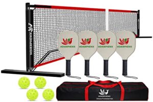 hoverphenix pickleball set with net for driveway, portable regulation size pickleball net system with paddle set of 4, outdoor pickleballs, carry bag, weather resistant metal frame