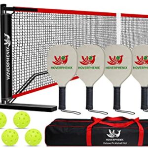 Hoverphenix Pickleball Set with Net for Driveway, Portable Regulation Size Pickleball Net System with Paddle Set of 4, Outdoor Pickleballs, Carry Bag, Weather Resistant Metal Frame