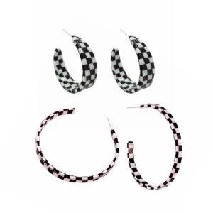 2 Pairs Lightweight 70s 80s 90s Transparent Black White Circle Round Acrylic Geometric Striped Checkered Dangle Drop Earrings for Women Statement Jewelry Gifts-black