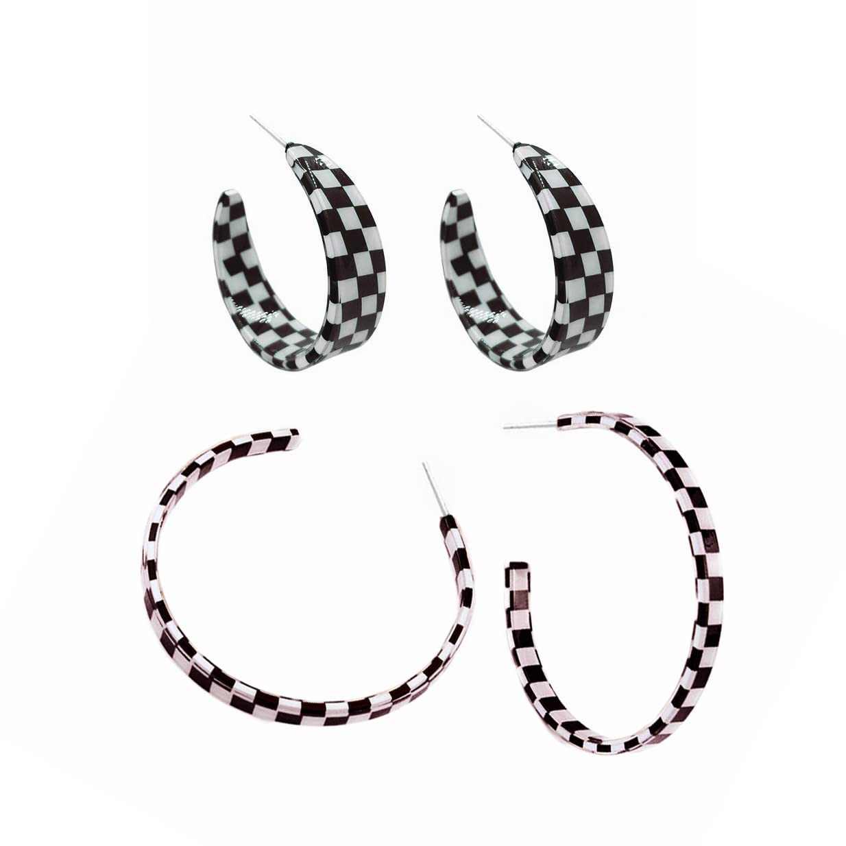 2 Pairs Lightweight 70s 80s 90s Transparent Black White Circle Round Acrylic Geometric Striped Checkered Dangle Drop Earrings for Women Statement Jewelry Gifts-black