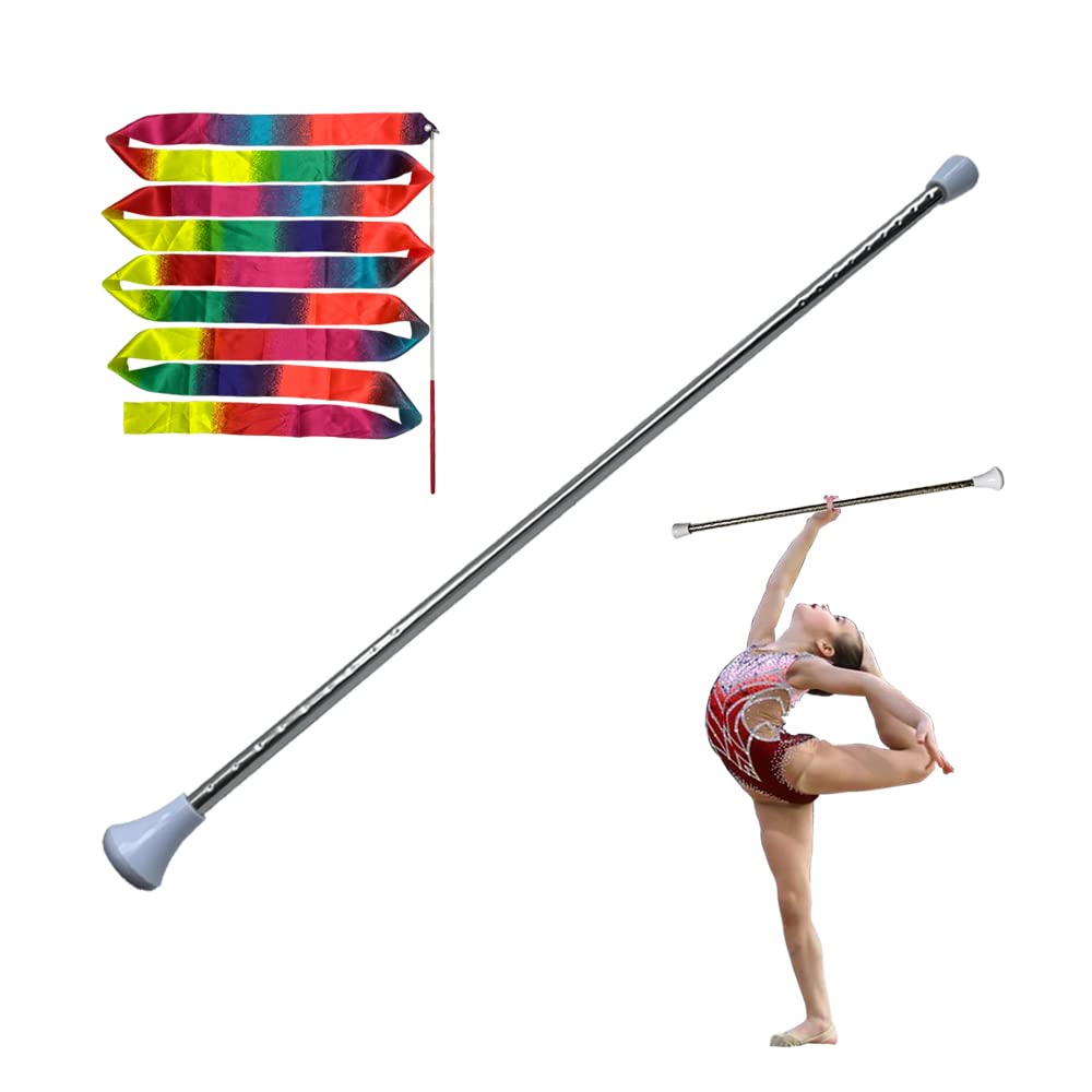 Dasiyoki 26-inch Twirling Baton Spinning Dance Baton Metal Rhythmic Gymnastics Conducting Batons for Child in Majorette-Complete with 1 Dance Ribbon Rainbow Streamer (White,1 Pack)