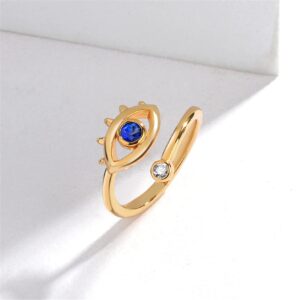 Yifnny Evil Eye Ring, Lucky Turkish Blue Evil Eye Ring Cubic Zirconia Adjustable Wrap Open Ring Hamsa Protection Eye Rings for Women (Gold 1)