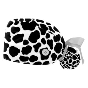 dhh166 2 packs working cap with buttons sweatband adjustable hats surgical caps for women, cow print printed