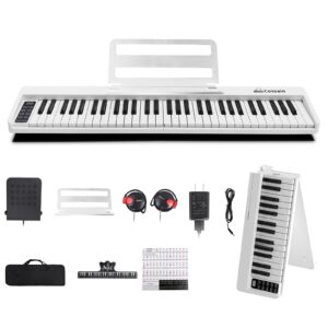 cossain folding piano 61 key keyboard with upgrade imitation wood texture keyboard 61 key digital piano with midi portable piano keyboard for beginners - pearl white