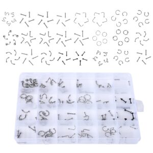 120 Pcs Piercing Jewelry With 24 Grid Storage Box Earring Hoops Lip Nose Rings Navel Rings Barbells Stainless Steel Jewelry Mixed Set 120 Pcs