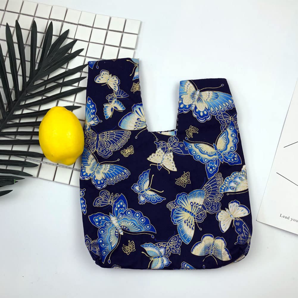 Exquisite Cotton Fashion Art Japanese Kimono Pattern Wrist Bag Tote Handbag Knot Pouch Wallet Portable Purse for Women(Navy Butterfly)