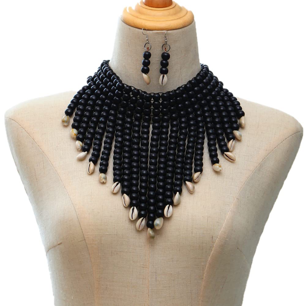 COLORFUL BLING Chunky Wooden Beaded Seed Bib Collar Necklace Boho Layered Africa Wood Shell Strand Choker Necklace Jewelry Set for Women-black