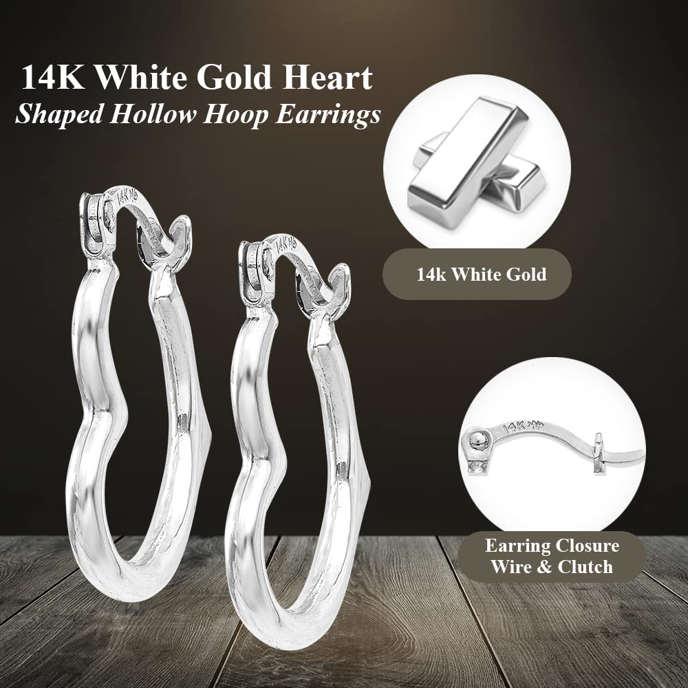 Auriga Fine Jewelry 14K White Gold Heart Shaped Hollow Hoop Earrings for Women