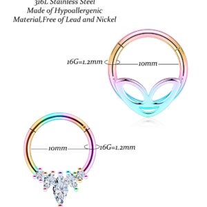 Vsnnsns 16G Septum Rings Piercing Jewelry Skull Septum Jewelry CZ Clicker Ring Stainless Steel Septum Hinged Segment Nose Rings Hoop Piercing Jewelry for Men Women 10mm Rainbow 9pcs