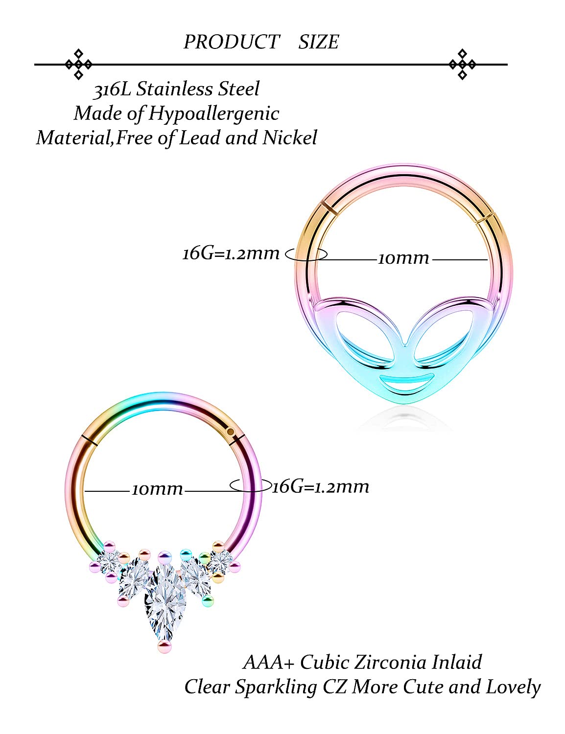 Vsnnsns 16G Septum Rings Piercing Jewelry Skull Septum Jewelry CZ Clicker Ring Stainless Steel Septum Hinged Segment Nose Rings Hoop Piercing Jewelry for Men Women 10mm Rainbow 9pcs