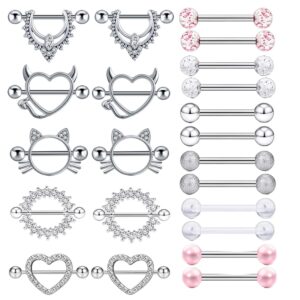 TIANCI FBYJS 11 Pairs Stainless Steel 14G Nipple Rings Nipplerings CZ Heart Tongue Shield Barbell Rings Retainer Body Piercing Jewelry for Women 9/16Inch