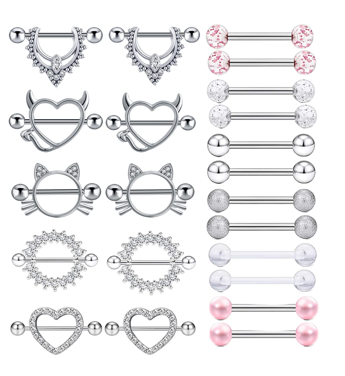 TIANCI FBYJS 11 Pairs Stainless Steel 14G Nipple Rings Nipplerings CZ Heart Tongue Shield Barbell Rings Retainer Body Piercing Jewelry for Women 9/16Inch